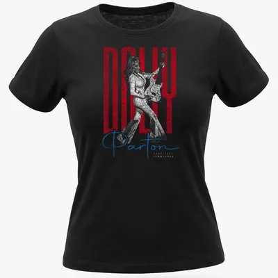 Distressed portrait of Dolly Parton with text in red, white, and blue — printed on a women's shirt