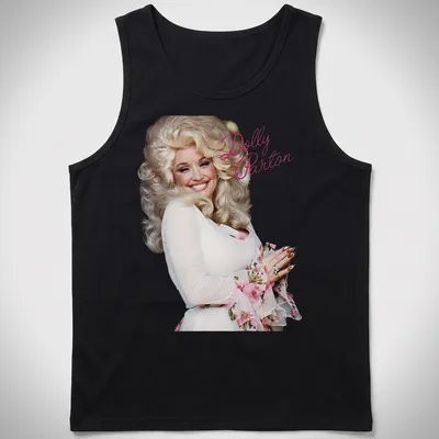 Photographic portrait of Dolly Parton with pink and white background — printed on a tank top