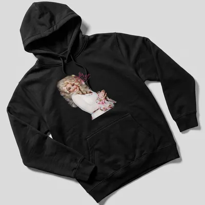 Photographic portrait of Dolly Parton with pink and white background — printed on a unisex hoodie