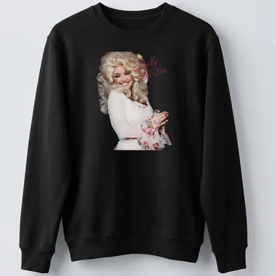 Photographic portrait of Dolly Parton with pink and white background — printed on a unisex sweatshirt