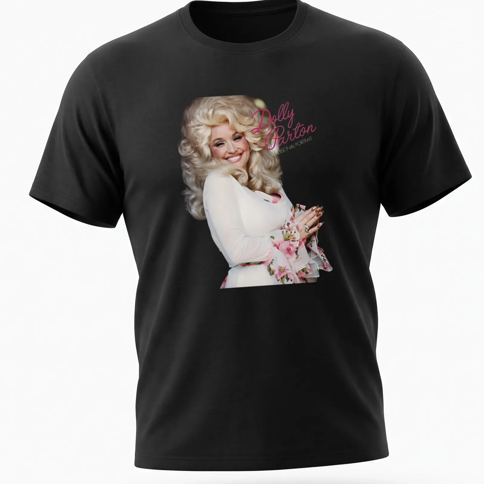 Photographic portrait of Dolly Parton with pink and white background — printed on a unisex t-shirt