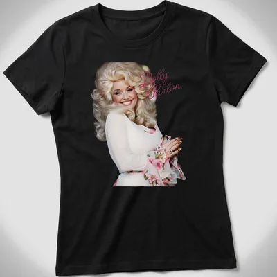 Photographic portrait of Dolly Parton with pink and white background — printed on a women's shirt