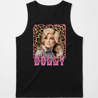 Retro Dolly Parton shirt with leopard print and nostalgic style — printed on a tank top