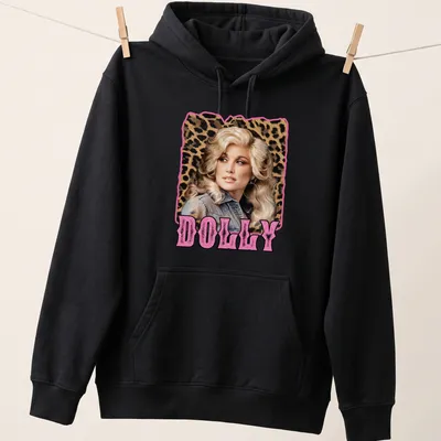 Retro Dolly Parton shirt with leopard print and nostalgic style — printed on a unisex hoodie
