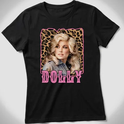 Retro Dolly Parton shirt with leopard print and nostalgic style — printed on a women's shirt