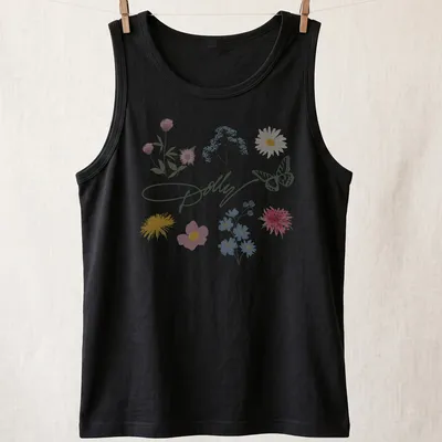 Watercolor print of 'Dolly' surrounded by a butterfly and colorful flowers — printed on a tank top