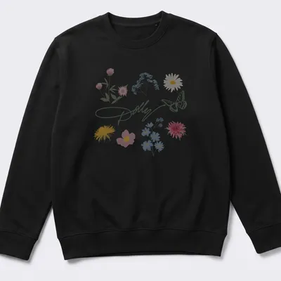 Watercolor print of 'Dolly' surrounded by a butterfly and colorful flowers — printed on a unisex sweatshirt
