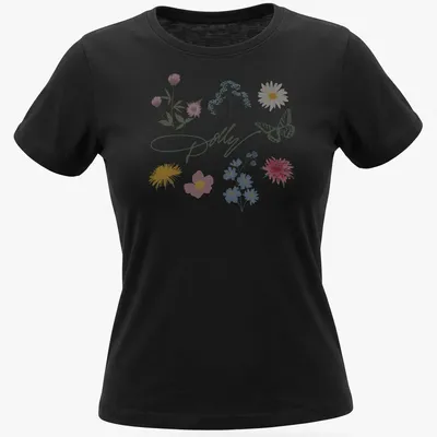 Watercolor print of 'Dolly' surrounded by a butterfly and colorful flowers — printed on a women's shirt