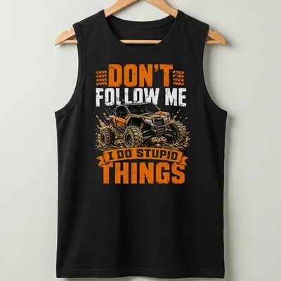 Grunge style t-shirt featuring off-road vehicle and humorous text about driving. — printed on a tank top
