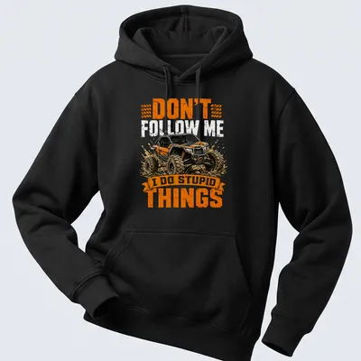 Grunge style t-shirt featuring off-road vehicle and humorous text about driving. — printed on a unisex hoodie