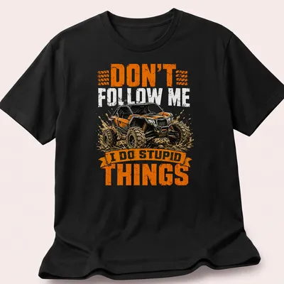 Grunge style t-shirt featuring off-road vehicle and humorous text about driving.