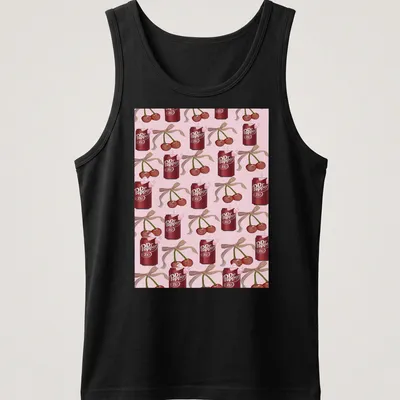 Vibrant graphic of Dr Pepper (23) cherry cans on a playful — printed on a tank top