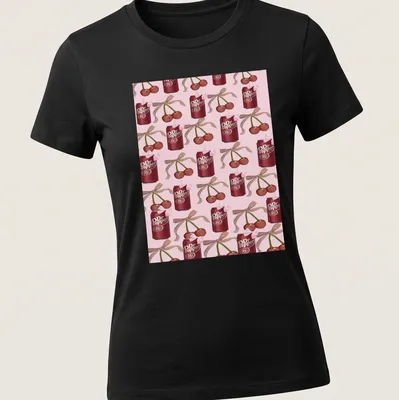 Vibrant graphic of Dr Pepper (23) cherry cans on a playful — printed on a women's shirt