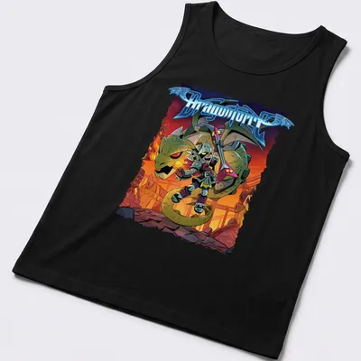 Colorful cartoon dragon and warrior graphic on DragonForce t-shirt. — printed on a tank top