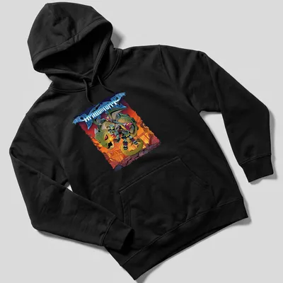 Colorful cartoon dragon and warrior graphic on DragonForce t-shirt. — printed on a unisex hoodie