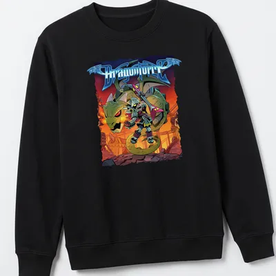 Colorful cartoon dragon and warrior graphic on DragonForce t-shirt. — printed on a unisex sweatshirt
