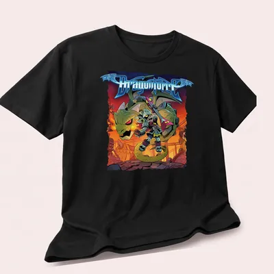Colorful cartoon dragon and warrior graphic on DragonForce t-shirt. — printed on a unisex t-shirt (angled view)