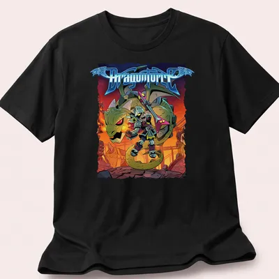 Colorful cartoon dragon and warrior graphic on DragonForce t-shirt.