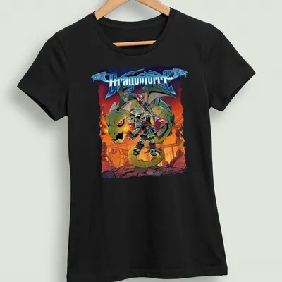 Colorful cartoon dragon and warrior graphic on DragonForce t-shirt. — printed on a women's shirt