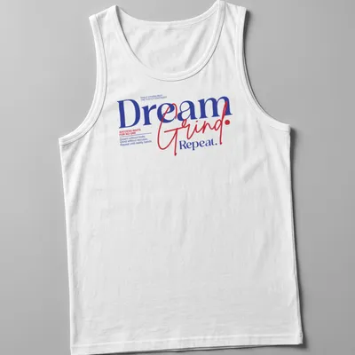 Bold motivational typography shirt with inspiring text in blue, red, and white — printed on a tank top