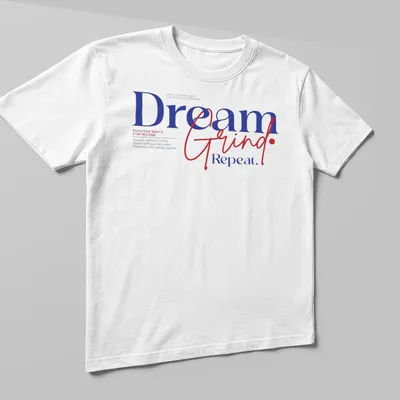 Bold motivational typography shirt with inspiring text in blue, red, and white — printed on a unisex t-shirt (angled view)