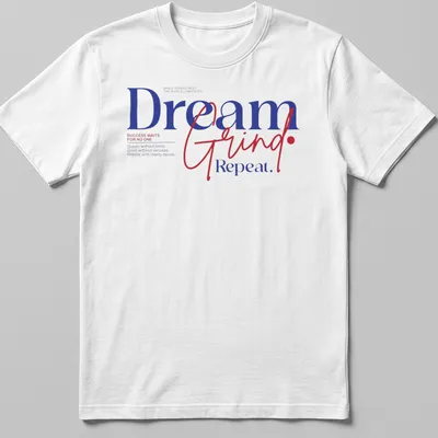 Bold motivational typography shirt with inspiring text in blue, red, and white