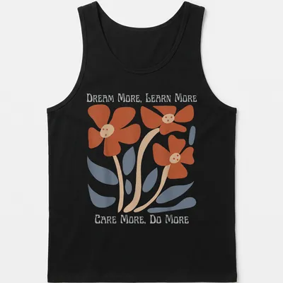 Floral design featuring uplifting text in orange, blue, beige, and white — printed on a tank top