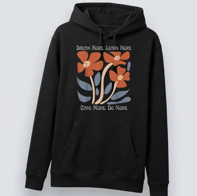 Floral design featuring uplifting text in orange, blue, beige, and white — printed on a unisex hoodie