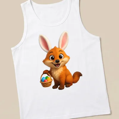 Cartoon dhole with bunny ears and colorful eggs in a basket for Easter — printed on a tank top