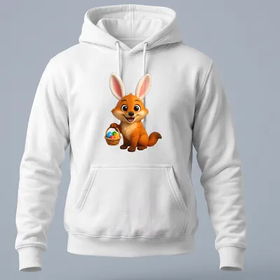 Cartoon dhole with bunny ears and colorful eggs in a basket for Easter — printed on a unisex hoodie