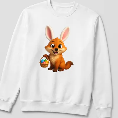 Cartoon dhole with bunny ears and colorful eggs in a basket for Easter — printed on a unisex sweatshirt