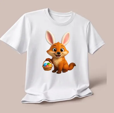 Cartoon dhole with bunny ears and colorful eggs in a basket for Easter — printed on a unisex t-shirt (angled view)
