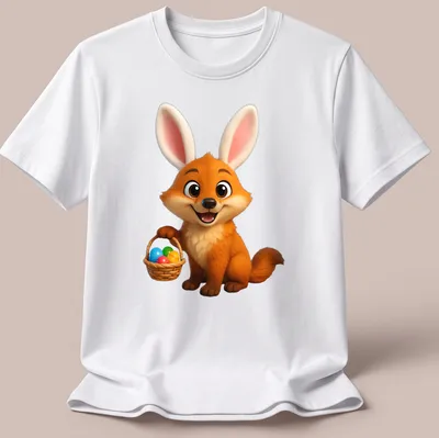 Cartoon dhole with bunny ears and colorful eggs in a basket for Easter