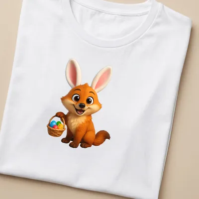 Cartoon dhole with bunny ears and colorful eggs in a basket for Easter — printed on a women's shirt