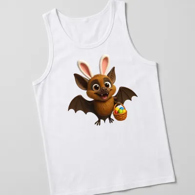 Kawaii cartoon spectacled bat holding a basket of Easter eggs in bright colors — printed on a tank top