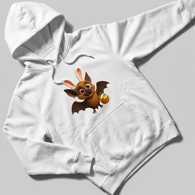 Kawaii cartoon spectacled bat holding a basket of Easter eggs in bright colors — printed on a unisex hoodie