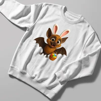 Kawaii cartoon spectacled bat holding a basket of Easter eggs in bright colors — printed on a unisex sweatshirt