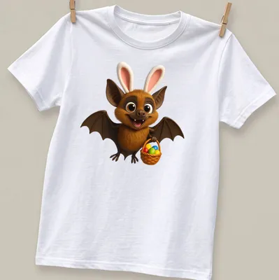 Kawaii cartoon spectacled bat holding a basket of Easter eggs in bright colors