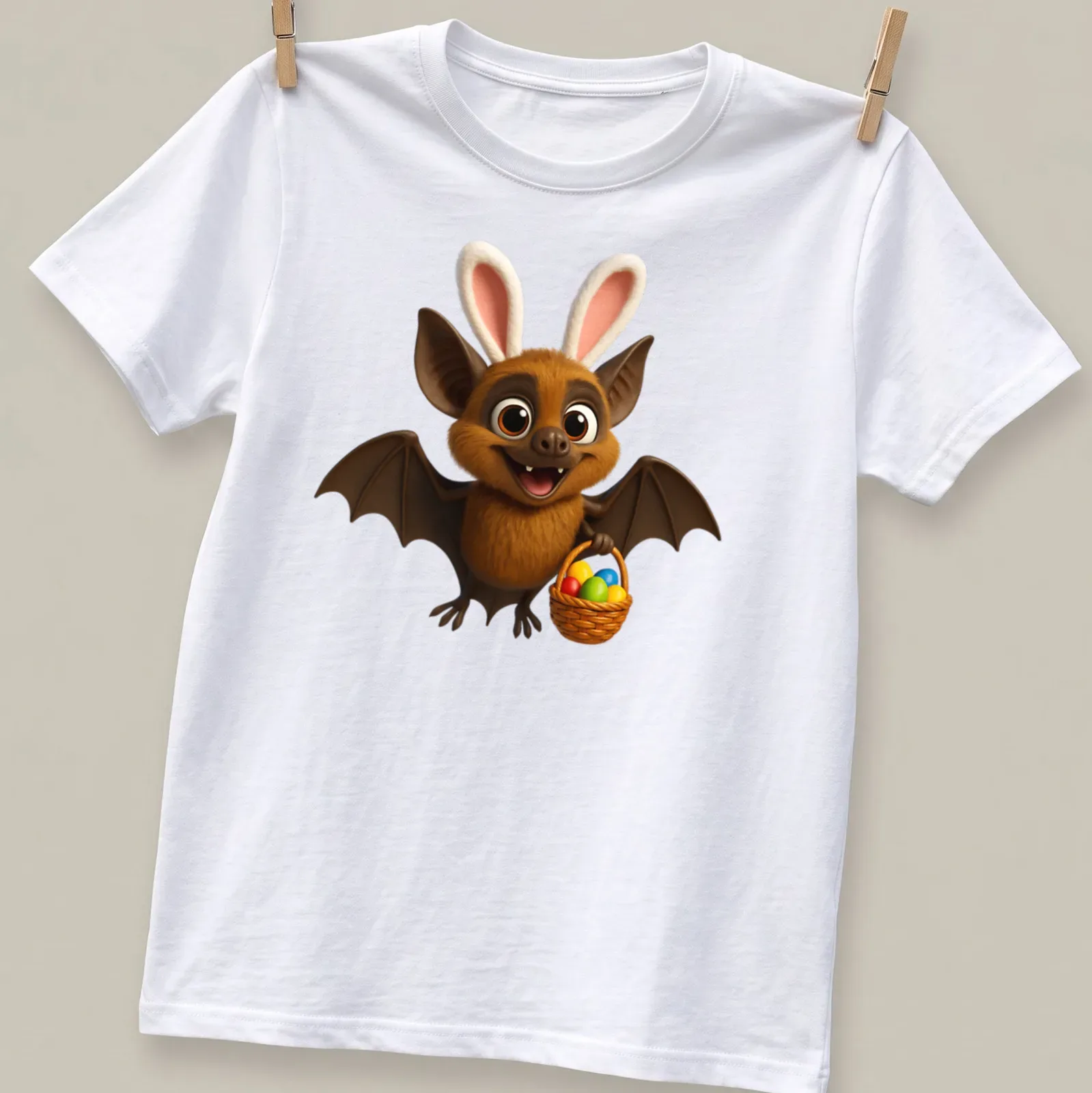 Kawaii cartoon spectacled bat holding a basket of Easter eggs in bright colors — printed on a unisex t-shirt
