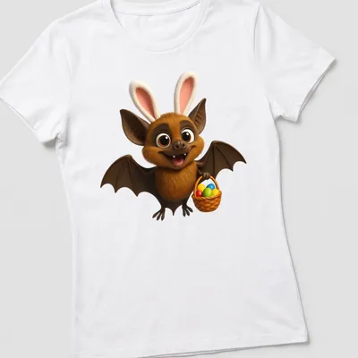 Kawaii cartoon spectacled bat holding a basket of Easter eggs in bright colors — printed on a women's shirt