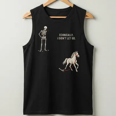 Illustration of a playful skeleton holding a horse with humorous text — printed on a tank top