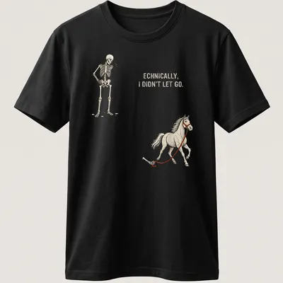 Illustration of a playful skeleton holding a horse with humorous text