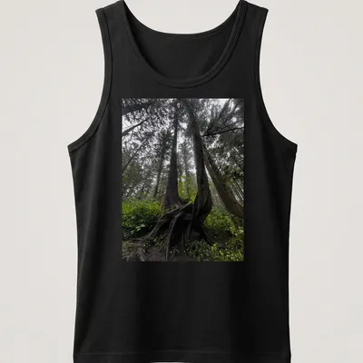 Illustration of intricate tree roots in a natural landscape with earthy colors — printed on a tank top