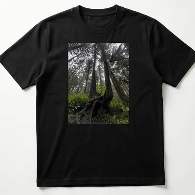 Illustration of intricate tree roots in a natural landscape with earthy colors — printed on a unisex t-shirt