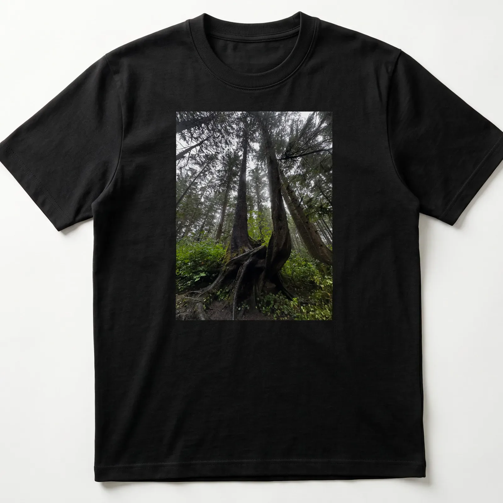 Illustration of intricate tree roots in a natural landscape with earthy colors — printed on a unisex t-shirt
