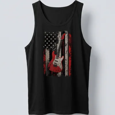 Distressed electric guitar graphic over the American flag in red, black, white, and beige — printed on a tank top