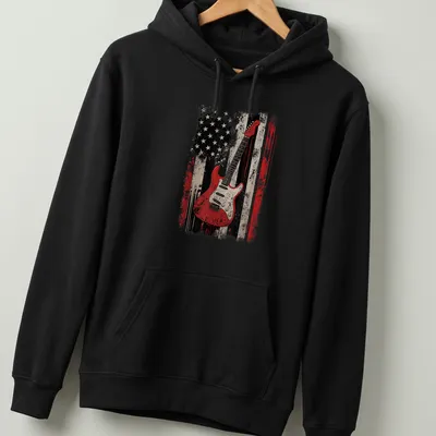 Distressed electric guitar graphic over the American flag in red, black, white, and beige — printed on a unisex hoodie