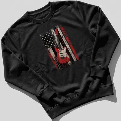 Distressed electric guitar graphic over the American flag in red, black, white, and beige — printed on a unisex sweatshirt