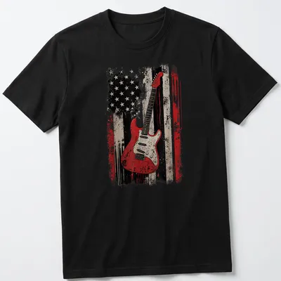 Distressed electric guitar graphic over the American flag in red, black, white, and beige