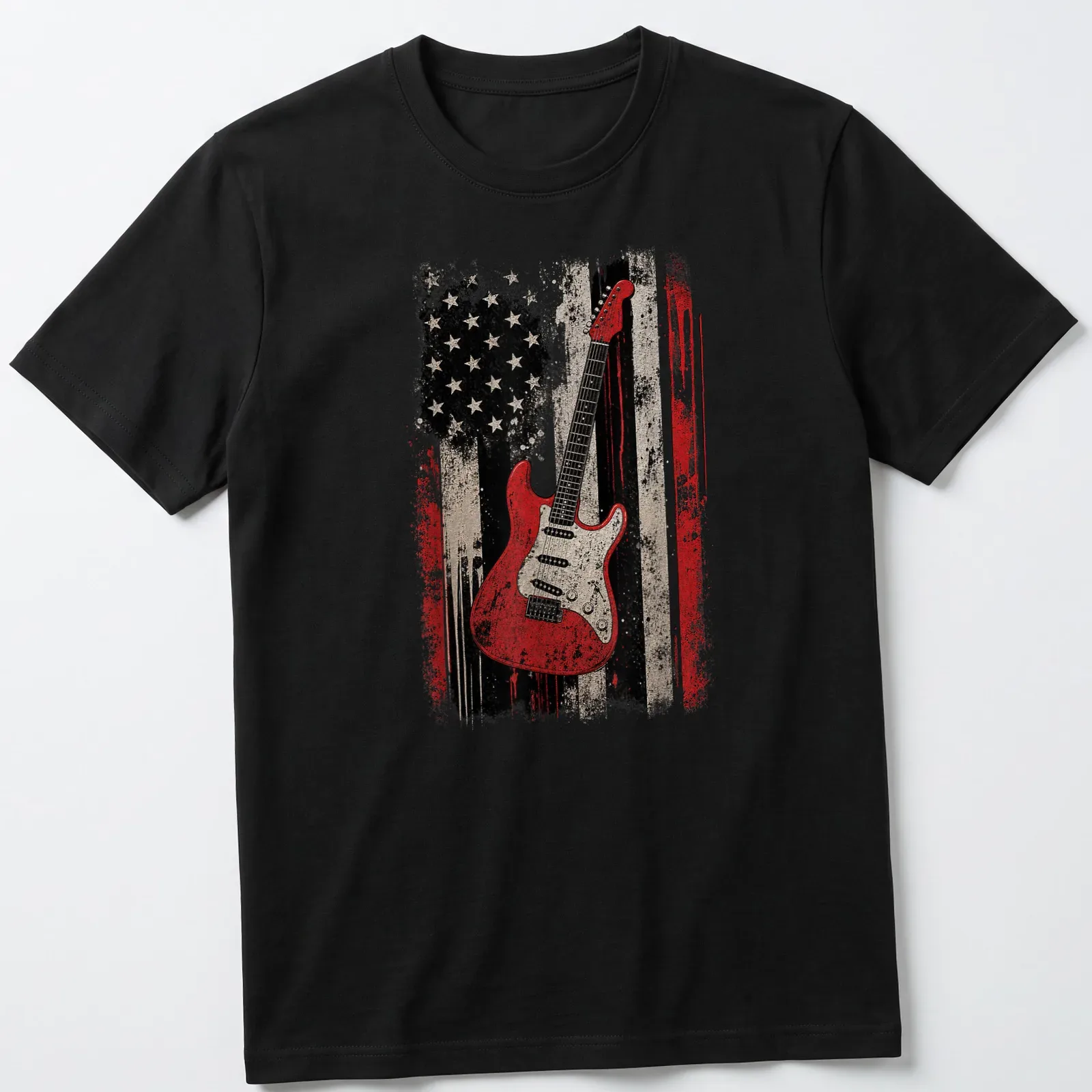 Distressed electric guitar graphic over the American flag in red, black, white, and beige — printed on a unisex t-shirt